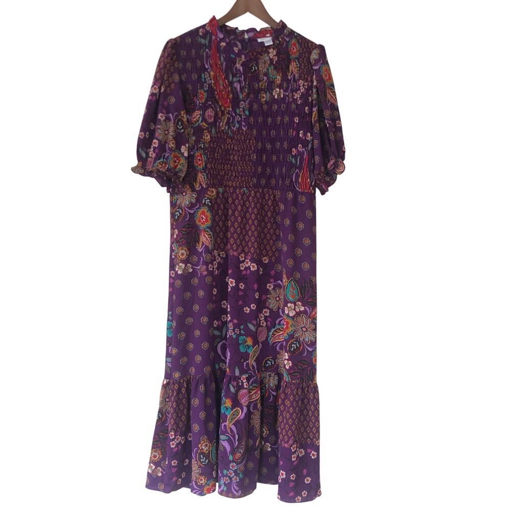 London Times Womens Puff Sleeve Midi Dress Multicolor Size US 14